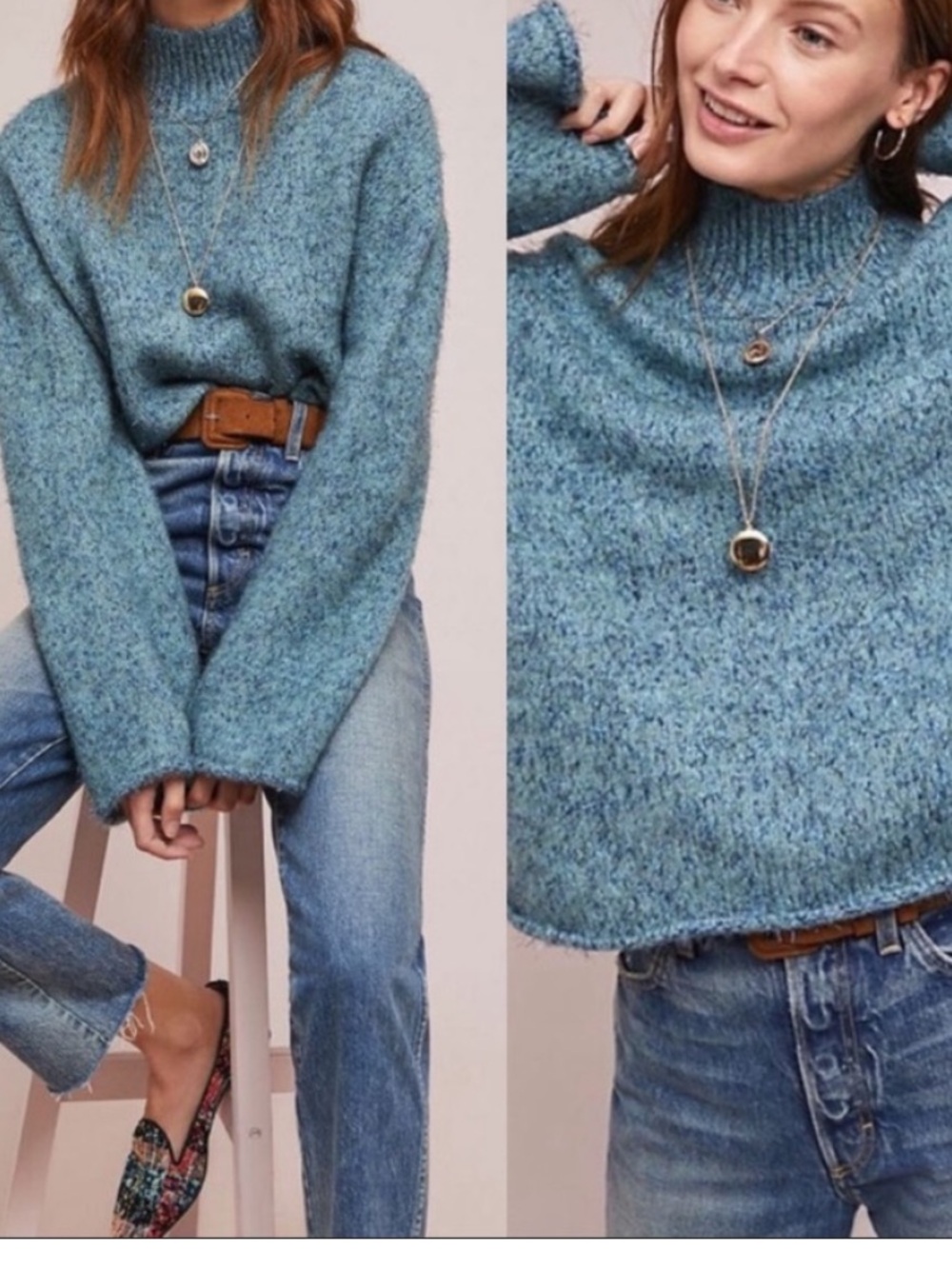 Moth Sweater Women XS Blue Mock Neck Fuzzy Knit Cropped Soft Cozy Chunky